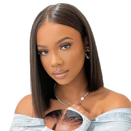 Rolisy Wear and Go Glueless Wigs Human Hair Pre Plucked Pre Cut Middle Part Bob Wig Human Hair 5x5 HD Lace Closure Wig Glueless Short Bob Straight Wigs For Black Women Natural Black 12Inch