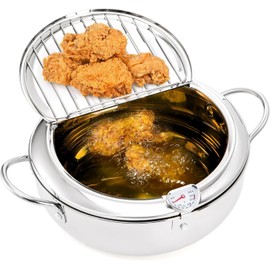 Deep Fryer Pot 304 Stainless Steel, 2.2L Frying Chicken Pot with Thermometer Control and Lid, Japanese Style Tempura Fryer Pot
