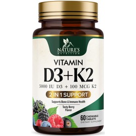 Vitamin D3 K2 Supplement | 5000 IU D3 + K2 100 mcg | MK-7 K2 with Vitamin D | Supports Immune, Heart, Teeth & Bone Health - Nature's Easy to Chew, VIT D3 K2, Non-GMO, Tasty Berry Flavor - 60 Tablets