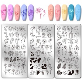 PH PandaHall 3pcs Abstract Faces Nail Art Templates, Abstract Flowers Leaves Nail Stamping Plate Line Woman Face Art Stencils Stainless Steel Image Plates for Women Nail Design Print Manicure Salon