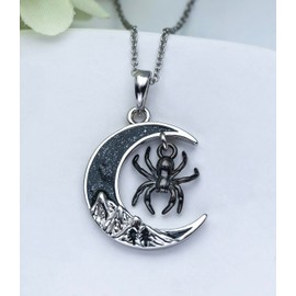 Spider Pendant Necklace 925 Sterling Silver Crescent Moon Necklace for Women Black Gothic Jewelry Gifts