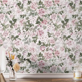 CiCiwind Pink Floral Peel and Stick Wallpaper Vintage Contact Paper Removable Self Adhesive Waterproof Wall Paper for Bedroom Bathroom Cabinets Drawer Green Leaf Wallpapers Vinyl Film 17.3" × 78.7"