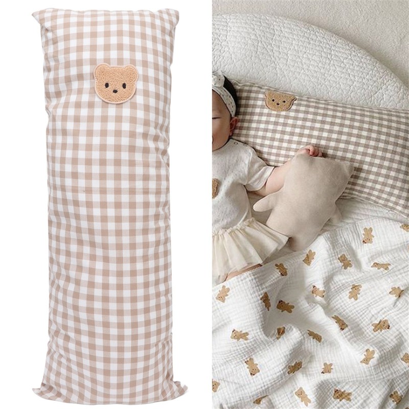 Cotton Baby Side Sleep Pillow Cute Plaid Bear Embroidery Pattern