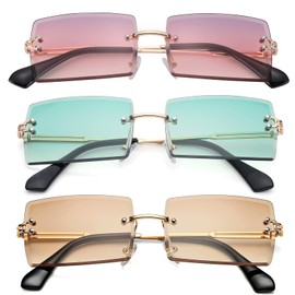 Rectangle Sunglasses for Men/Women Small Rimless Square Shade Eyewear (Green+Tea+Puple Pink)