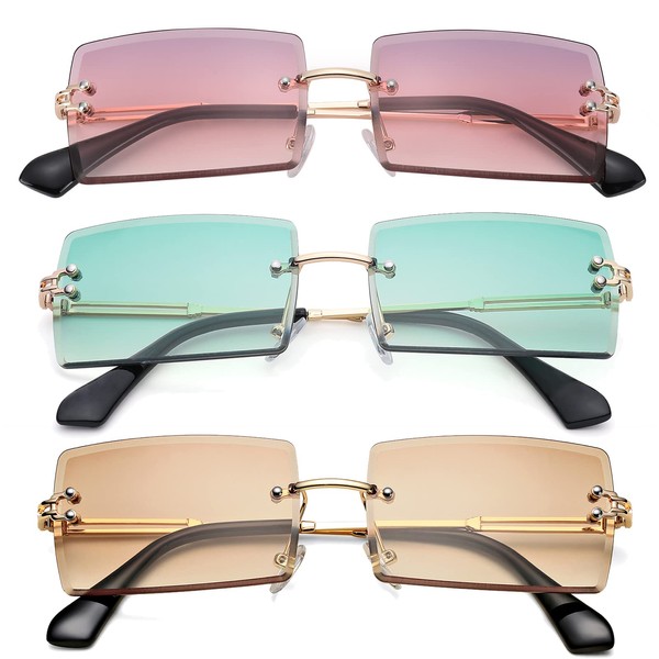 Rectangle Sunglasses for Men/Women Small Rimless Square Shade Eyewear (Green+Tea+Puple