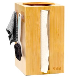 Bilifre Bamboo Paper Towel Holder with Hooks – One-Hand Tear, Dustproof, No-Drill Adhesive & Wall Mount, Under Cabinet/Countertop Dispenser for Kitchen, Garage & Workshop | Fits Jumbo Roll
