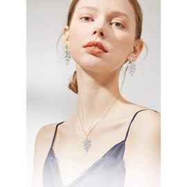 AMYJANE Cubic Zirconia Wedding Jewelry Set Sterling Silver CZ Crystal Rhinestone Floral Leaf Cluster Earrings for Women Leaves Pendants Necklace Dangle Earrings Costume Jewelry Gifts for Bridal Girls