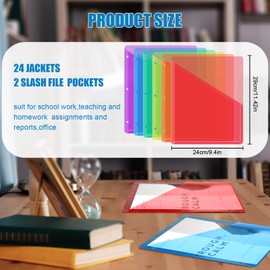 Seajan 24 Pcs Binder Pockets for 3 Ring Binder Clear Plastic Folders Sleeves 3 Hole Punch Document Dividers Poly Slash File Jacket Organizer with 2 Pockets for Office School (Multicolor)