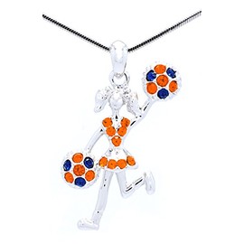 Violet Victoria & Fan Star Cheerleader Necklace - Cheer Half POMS Necklace - Crystal Moving Cheer Necklace - Orange Navy