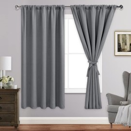 JIUZHEN Blackout Curtains for Bedroom - Thermal Insulated Room Darkening Rod Pocket Curtains for Living Room, Set of 2 Panels with Tiebacks, 60 x 72 Inch Length, Light Grey