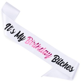 CORRURE Birthday Sash for Women - Soft Satin White Sash with Pink Foil - Happy Birthday Sash for 'Birthday Girl', Birthday Men', Sweet 16, 18th 21st 25th 30th 40th 50th or Any Other Bday Party
