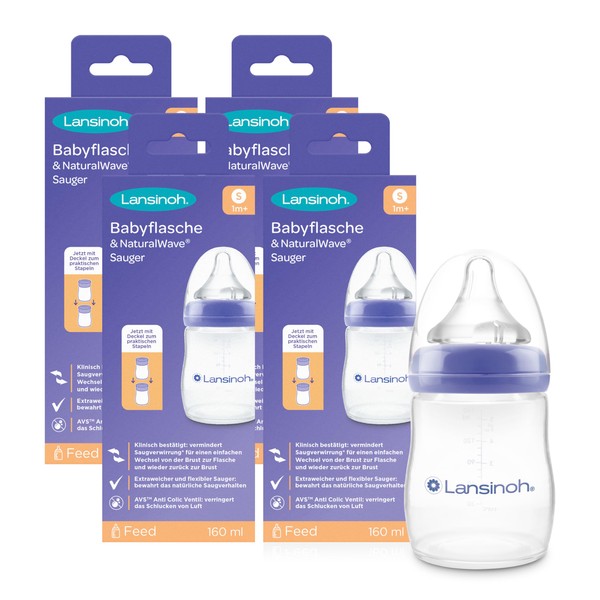 Lansinoh Baby Bottle Set with NaturalWave Teat Size S, 160 ml, Pack of 4 - Baby Bottle in New Compact Design for Improved Stability - with Stackable Lid