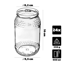 KADAX Honey Jars, 900 ml, Preserving Jars with Fi82 mm Screw Lid, Jars for Honey, Jam Jars, Screw Jars, Preserving Jars (Honeycomb, Pack of 24)