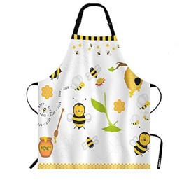 WONDERTIFY Cartoon Bee Apron,Cute Bee and Blooming Flowers Sweet Honey Bib Apron with Adjustable Neck for Men Women,Suitable for Home Kitchen Cooking Waitress Chef Grill Bistro Baking BBQ Apron