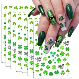 8 Sheets St. Patrick's Day Nail Art Stickers Spring Decals Green Shamrock 3D Self-Adhesive Nail Stickers Cute Designs Nail Supplies Nail Decorations Holiday DIY Nail Accessories for Women and Girls