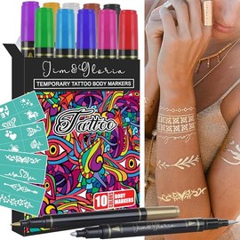 Jim&Gloria Body Art Tattoo Pen Dual Tip 10 Colors with GOLD SILVER Temporary Tattoo Markers Skin Pen Body Markers Skin Marker Face Paint Teen Girl Gifts Trendy Stuff Teenager and Adults