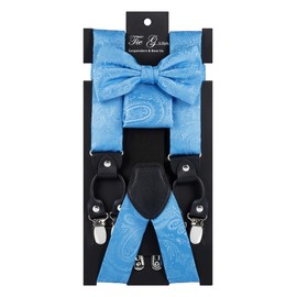 Corbata G, tirantes y pajarita, bolsillo cuadrado/juego de 3 piezas, 3,5 cm de ancho de banda, 6 clips, 3 bucles de piel, longitud ajustable, Una cachemira azul cielo, Large