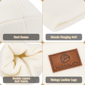 HAMUNI Beanie Hat for Men Women Classic Winter Hats Comfortable Breathable Soft Acrylic Beanie Hat Knitted Hat Vintage Plain Knitted Cuffed Beanies Unisex, White