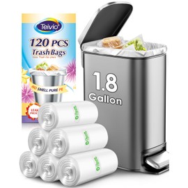 Teivio 1.8 Gallon 120 Counts Strong Trash Bags Garbage Bags, Bathroom Trash Can Bin Liners, Small Plastic Bags for home office kitchen, Clear