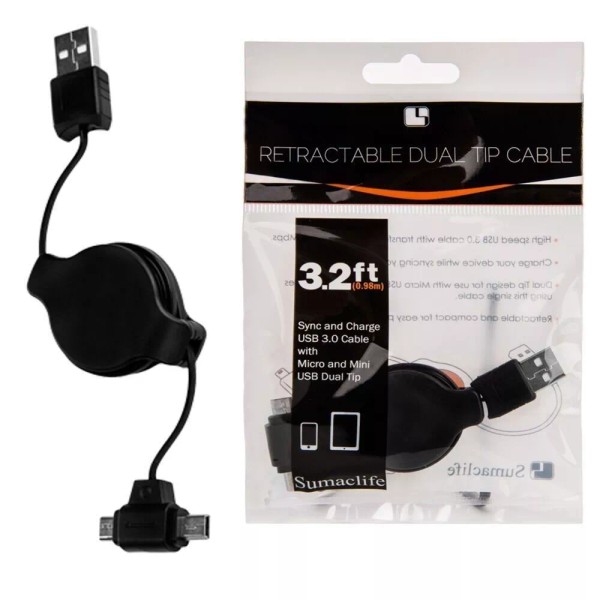 Universal Black Retractable Dual-Tip Micro and Mini USB Cable Charging
