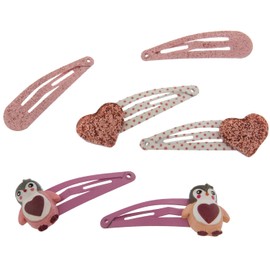 6 Hair Clips Hair Accessories with Penguin and Crystal Heart Design. Available in pink box of Love