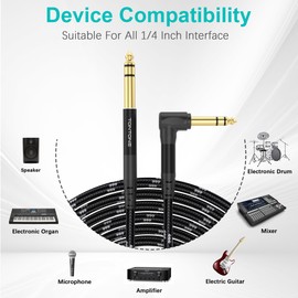 TONTONE 1/4 Inch TRS Cable Right Angle to Straight 2-Pack 3.3FT, 6.35mm Balanced 1/4 Audio Cable for Electric Guitar Bass Keyboard Mixer Amplifier Speaker
