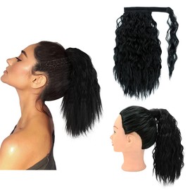 Yinmei Baibian 14inch Curly Wavy Ponytail Hair Extension Short Ponytail Hairpieces Black Color Corn Wave Clip in on Pony Tail for Women Girls Synthetic Fluffy Magic Paste Wrap Around Ponytails(1B#)