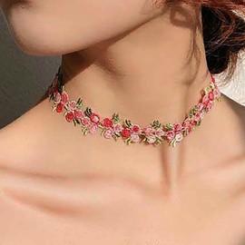 TseenYi Boho Flower Lace Choker Necklace Pink Flower Lace Necklace Pink Rose Flower Choker Necklace Retro Flower Collar Necklace Jewelry for Women Teen Girls Gifts
