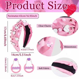 MEFINESHOW Valentine's Day Headband Jeweled Headbands for Women Pink Valentines Day Headband and Earrings Rhinestone Crystal Top Knot Headband Valentines Accessories for Women