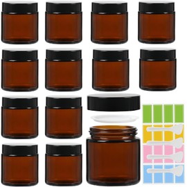 12pz Envases Muestras de Vidrio Ámbar Pomadero Cosmetico Viaje,100g para Maquillaje con Tapa de Rosca,Forro de Polipropileno,Pegatina y Cuchara Pequeña Para Llevar Gel/Pasta/Lociones