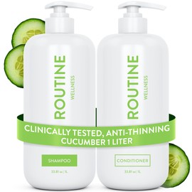Routine Wellness Anti-Thinning Shampoo and Conditioner Set for Thinning Hair - Biotin DHT Blocker Women & Men - Color Safe Shampoo for Hair Loss & Healthier Hair - Cucumber 1 Liter (Pack of 2)