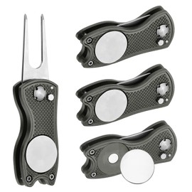 PATIKIL Golf Divot Repair Tool, 4 Pack Foldable Metal Golf Green Divot Tool with Magnetic Ball Marker & Stainless Steel Fork for Golfer, Grey