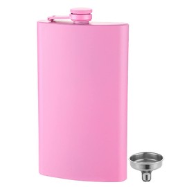 FYL 12 Oz 18/8 Stainless Steel Hip Flask for Liquor with Never-Lose Cap, Leakproof Easy Pour Funnel is Included, Matte Pink