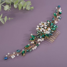 BERYUAN Bridal Rhinestone Pearls Hair Comb Flowers Pearls Rhinestone Wedding Headband Crystal Rhinestone Pearls Handmade Hair Comb for Wedding Bridal Women (peacock green)