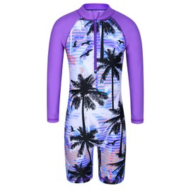 HUAANIUE Girls UPF 50+ UV One Piece Swimwear Kids Bodysuit Beachwear with Ziper Surfing Pink Swimming Children Bathing Costume 4-11 Years(PurpleTree,128/134)
