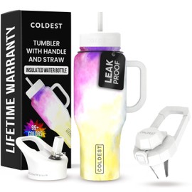Coldest Tumbler with Handle and Straw, 100% Leak Proof Insulated Tumbler with Lid and Straw (3 Lids), Stainless Steel Tumblers for Women & Men, Cup Holder Friendly, 36 oz (Clouds of Tie Dye)