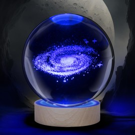ZQAOFKC Large 3D Galactic System Crystal Ball Lamp, 3.15 inch Crystal Lamp 7 Color Changing Night Light with Wooden Base for Bedroom Decor, Clear Glass Ball Light, Science Gifts for Adults Kids