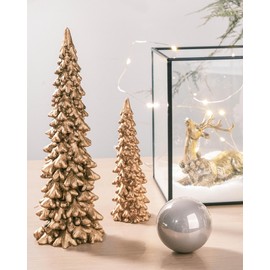RM ROOMERS Resin Christmas Tree Figurines Home Decor 2Pcs, Small Gold Christmas Decorative Figurine Set Indoor, Tabletop Christmas Tree Statues for Holiday Centerpieces Room Ornaments Desk Gifts