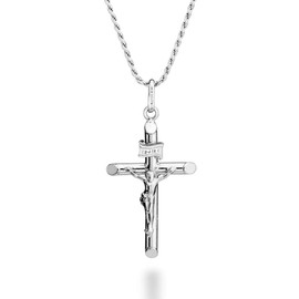 Miabella Rhodium Plated 925 Sterling Silver Small or Large Crucifix Necklace for Men Women, Cross Pendant with Rope Chain, Made in Italy (Small, Length 20 Inches)