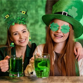 BAOPLAYKIDS St. Patrick's Day Shamrock Headband with Shamrock Glasses Hat Earrings Set Irish Shamrock Hairband Green Clover Boppers Headwear for Women St. Patrick's Day Costume Accessories