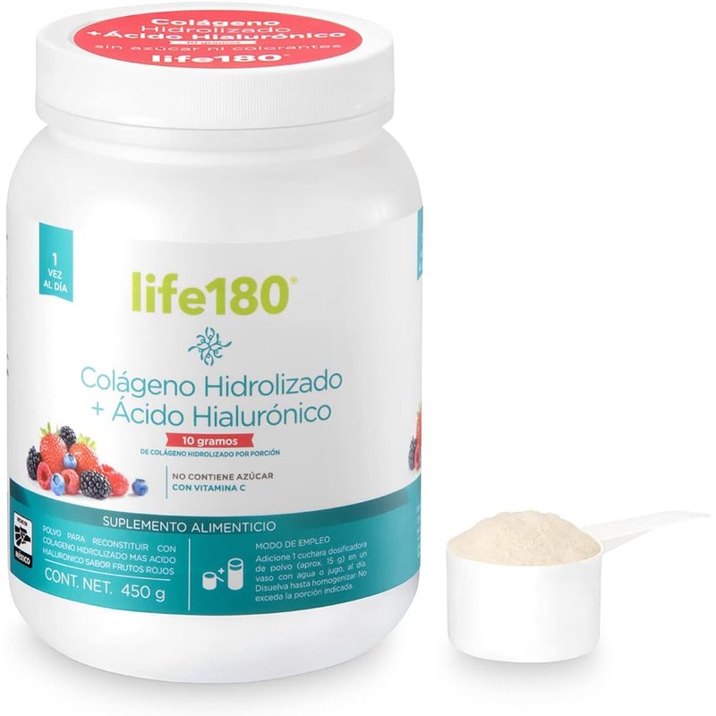 Life180, Colágeno Hidrolizado más Ácido Hialurónico en Polvo, Sabor Moras,