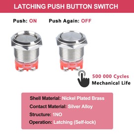 DMWD 16mm Heavy Duty Latching Metal Push Button Switch Waterproof Large Current 20Amp 12V 24V 110V ON-Off 1NO 2 Screw Terminals for 5/8" Mounting Hole Without LED