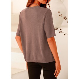 PRETTYGARDEN Women's Summer Button Down Shirts Casual Short Sleeve Crew Neck Ribbed Knit Blouse Top Cardigans (Khaki,Medium)