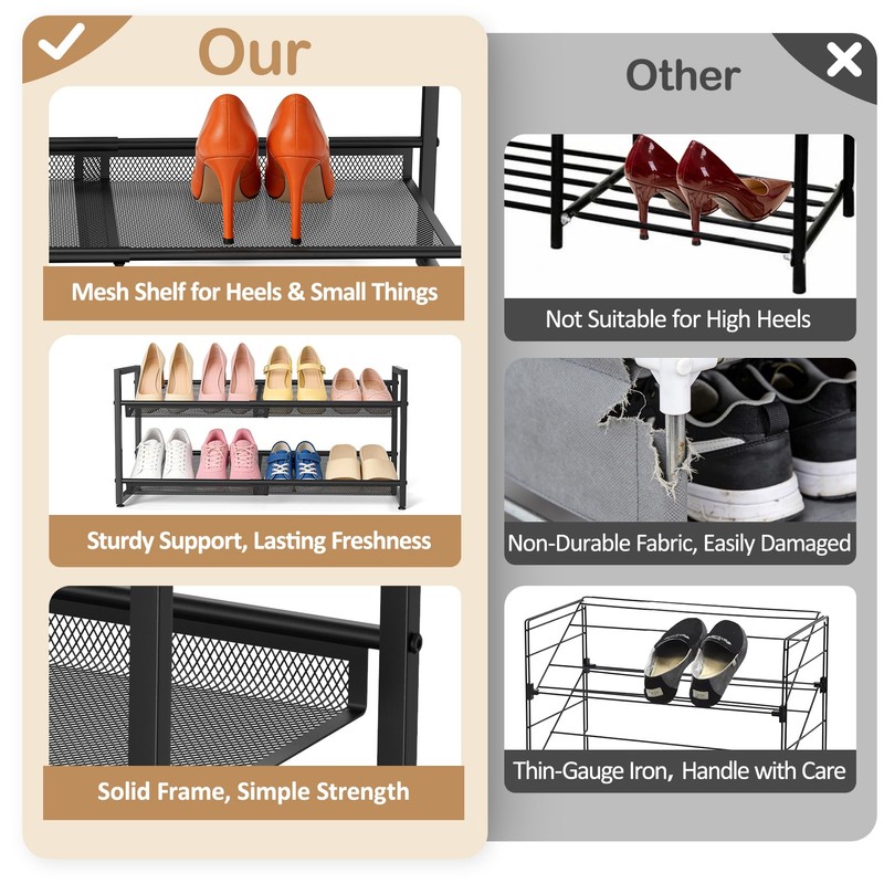 Expandable Shoe Rack, 2 Tier Adjustable Shoe Organizer with Flat
