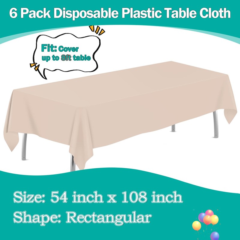 tujol Ivory 6 Pack Plastic Table Cloth 54" x 108",