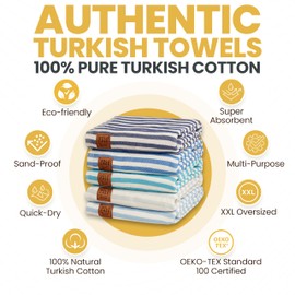 Gold CASE Turkish Beach Towel Set of 5-100% Cotton Beach Towels Oversized 71 x 40'' - MYRA Extra Large Beach Towels - Quick Dry & Sand Free Beach Towel - Turkish Towels for Pool - Blue Tone