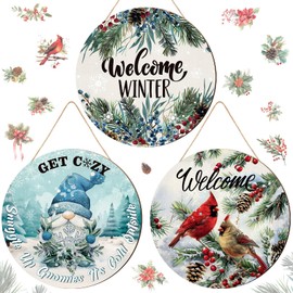 3 Pcs Christmas Winter Welcome Sign for Front Door Decor Christmas Farmhouse Pine Cardinal Bird Gnome Wood Door Hanger Outdoor Outside Porch Decor Rustic Winter Round Hanging Sign Wall Home Decoration