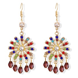 Vintage Ethnic Style Colorful Crystal Flower Lightweight Dangle Drop Earrings Bohemian Petals Tassels Teardrop Floral Earrings for Women (Blue)