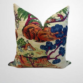 ArogGeld Thibaut Asian Scenic Dynasty Pillow Cover Coral and Green Cushion Double Side Farmhouse Accent Home Decorative Toss for Living Room Sofa Housewarming Birthday Gift Linen 18Inch