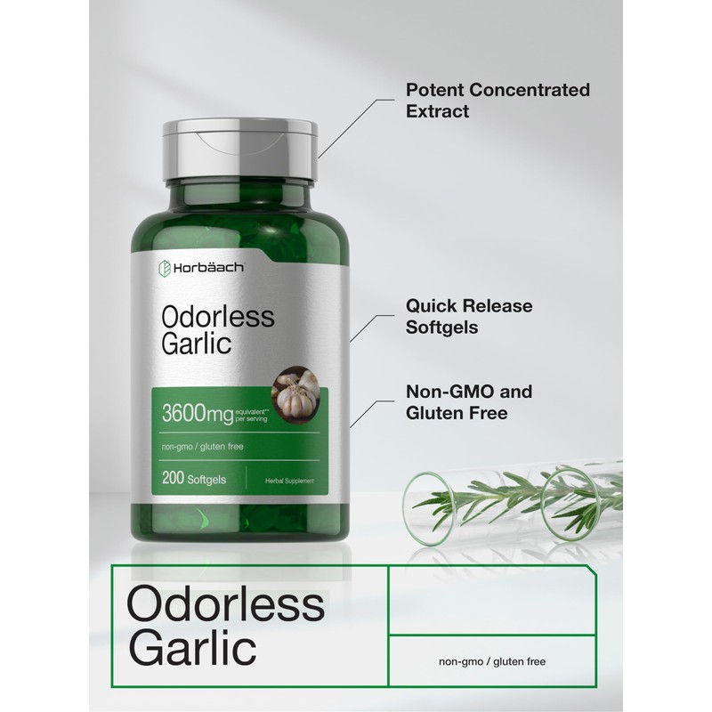Horbäach Odorless Garlic Softgel Supplement | 200 Count | Ultra